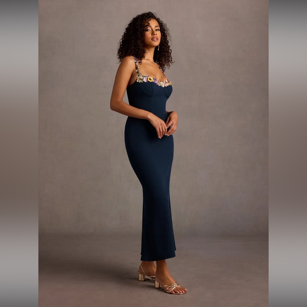 Jalise Navy And Multi Floral Neckline Maxi Dress
